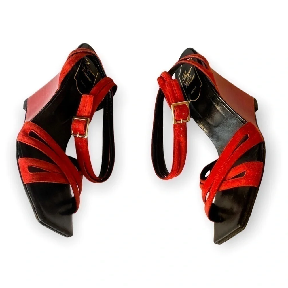 ROGER VIVIER Suede Wedge Sandals Size:‎ 37.5 EU, Red